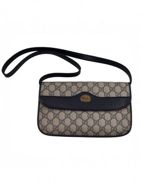 Vintage Gucci GG Monogram Shoulder Bag Navy Leather Trim | Unused 1970s